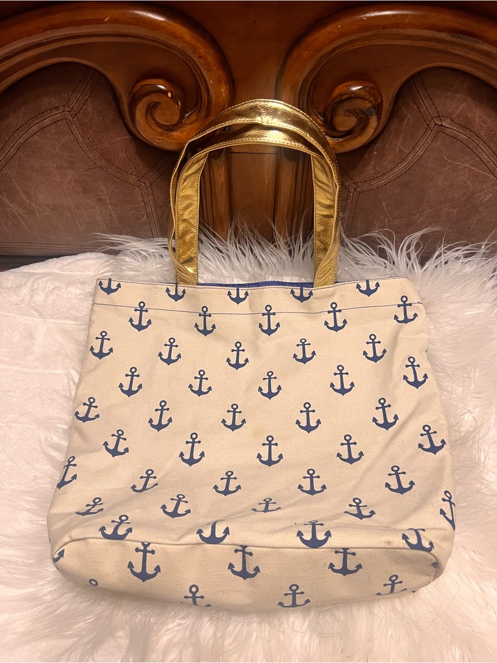 Canvas Anchor Tote Bag with Metallic Gold Handles